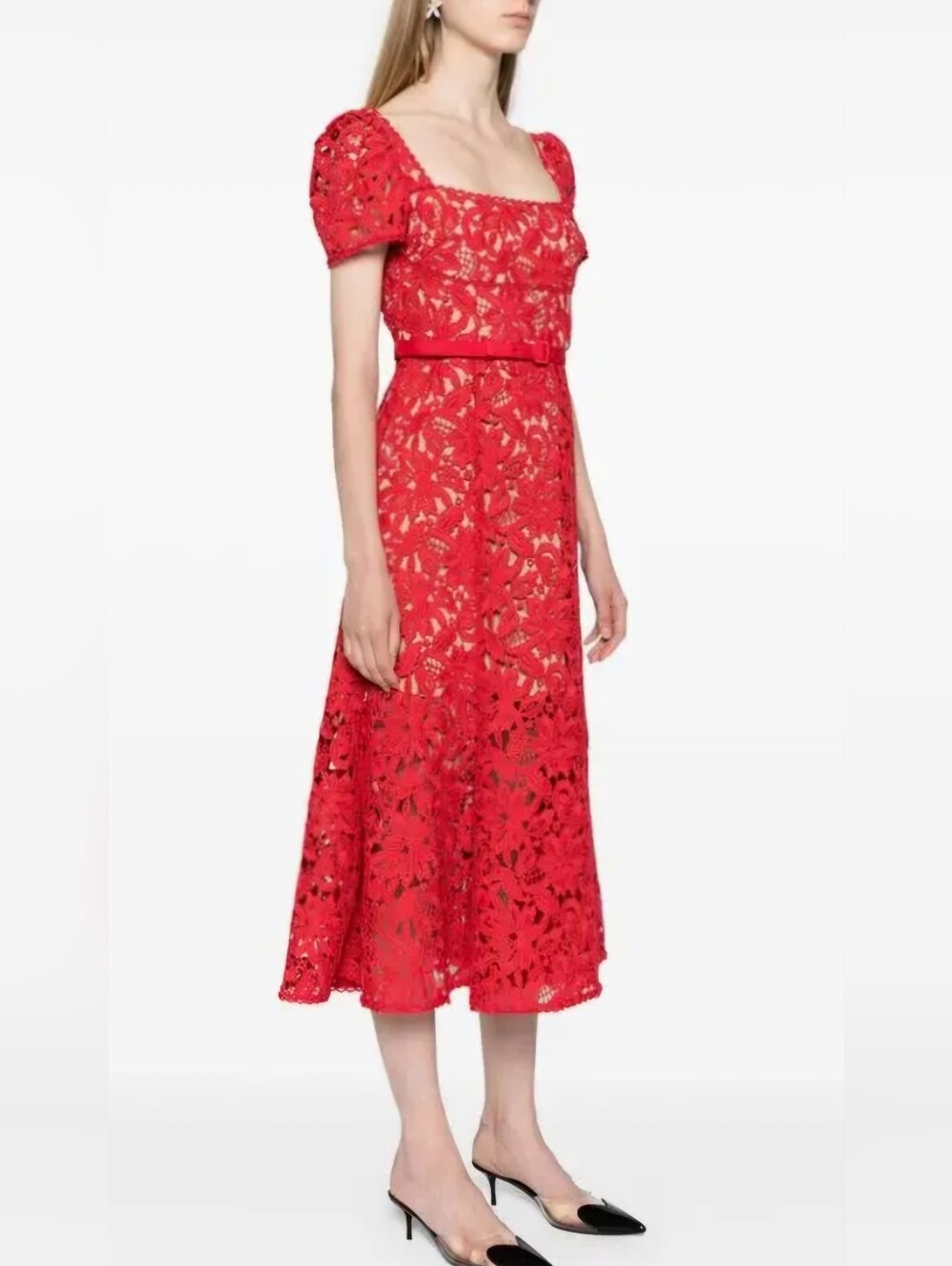 Self-portrait Red Floral Guipure Lace Midi Dress US 10 Belted Square Neck Party
